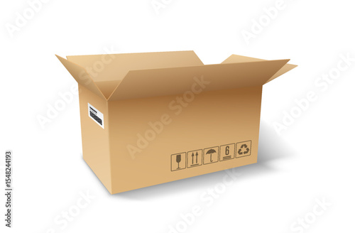 Illustration of an open cardboard box with shipping symbols in neutral colors representing packaging and storage solutions on a white background.