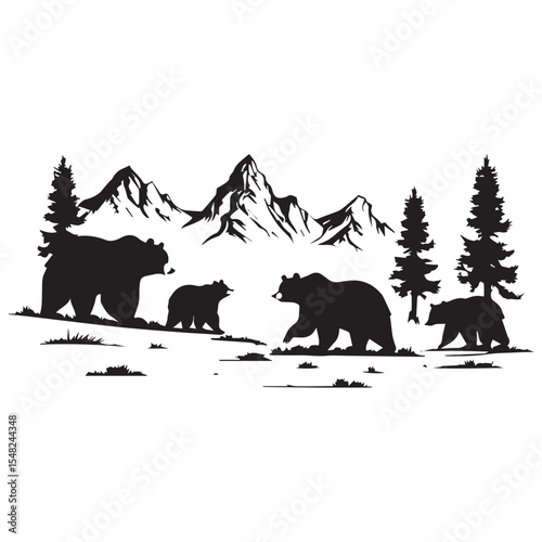Black silhouette of bear family in mountain landscape
