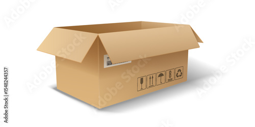 Realistic illustration of an open cardboard box with shipping symbols. Brown color and minimal shadowing. Perfect for logistics and packaging themes.