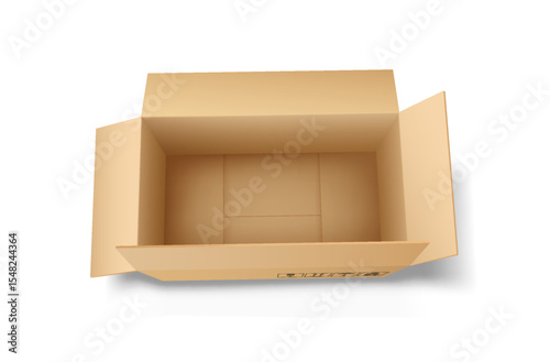 Empty cardboard box viewed from above. Simple and practical design. Ideal for storage or shipping. Neutral brown tones on a clean white background.