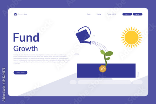 Vector illustration of a website layout showing fund growth with a watering can, plant on coin, and modern navigation elements