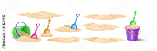 Digital illustration of sand with vibrant buckets and shovels in assorted colors. Perfect for summer and beachthemed designs. Simplistic cartoon style for playful projects.
