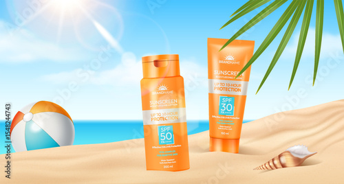 Illustration of sunscreen bottles on sunny beach with vibrant colors. Perfect for promoting skincare and sun protection. Bright, summery setting with tropical elements.