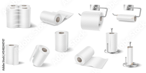 Illustration of different toilet paper roll configurations. Clean and realistic style. White color palette. Represents household essentials and hygiene. Suitable for bathroomrelated designs.