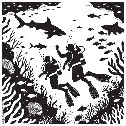 Two scuba divers exploring vibrant coral reef with sharks