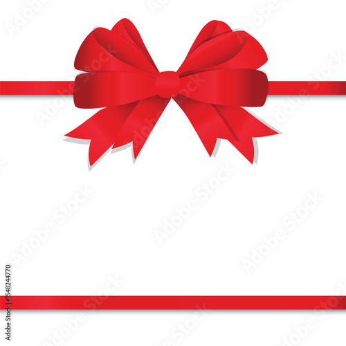 Square banner with a lush satin red bow and ribbon on a white background. Vector illustration.