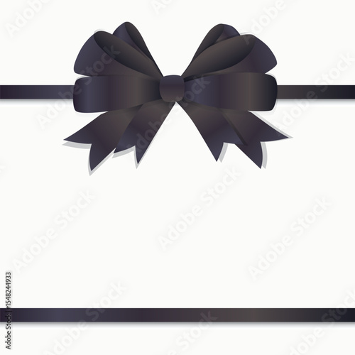 Square banner with a lush satin black bow and ribbon on a white background. Vector illustration.