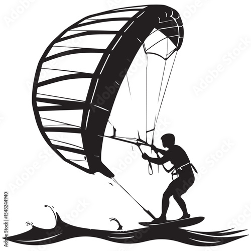 Silhouette of a kitesurfer riding a wave