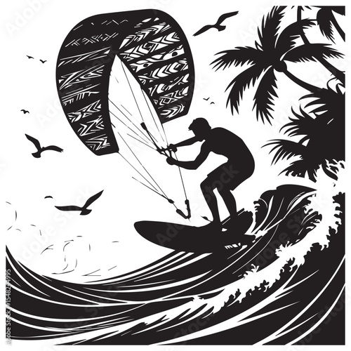 Silhouette of kitesurfer riding ocean wave with palm trees