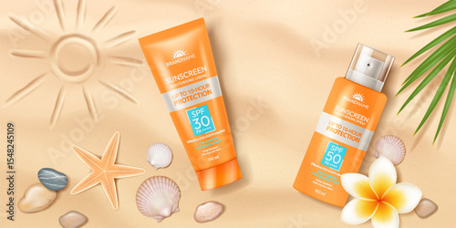 Sunscreen products designed for sun protection displayed on sandy beach. Vibrant orange packaging with SPF details stands out. Decorative seashells and starfish enhance a summer vibe.