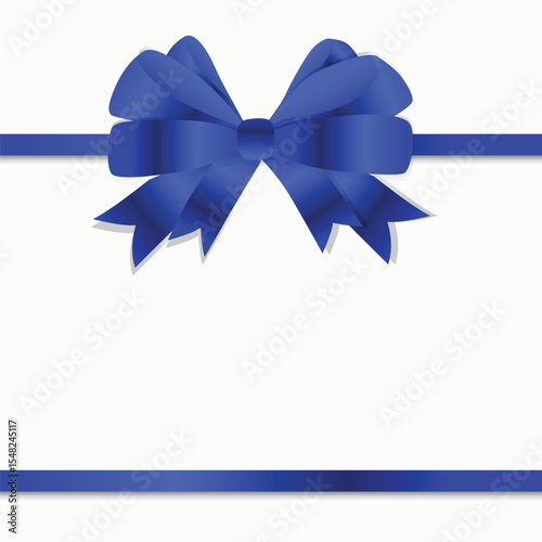 Square banner with a lush satin blue bow and ribbon on a white background. Vector illustration.