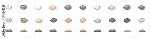 Assorted pebbles displayed in neat rows. Each pebble varies in color, ranging from light to dark shades. Perfect for design background or texture exploration.