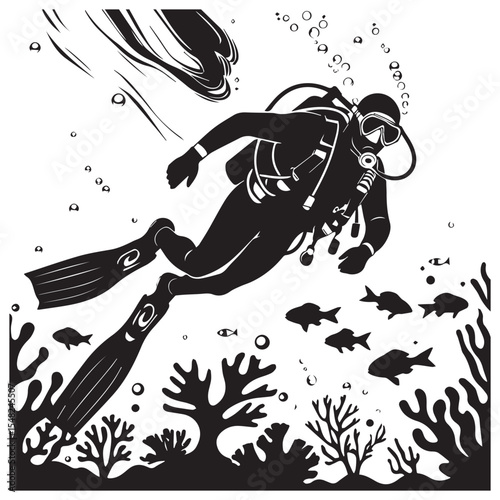Scuba diver silhouette underwater scene with coral reef and fish