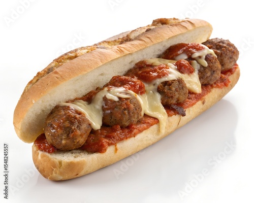 Whole meatball parmesan hero sandwich on white background real photo photo