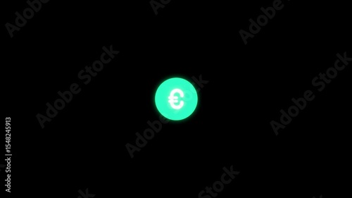 A high-quality animation of a Euro currency symbol (€) floating in the center of a black background. The glowing softly with a pulsing light effect. It rotates slowly .