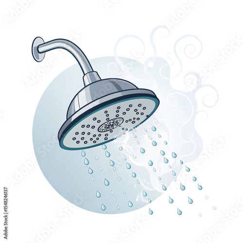 3D icon of a steaming shower head with water droplets, hygiene theme.