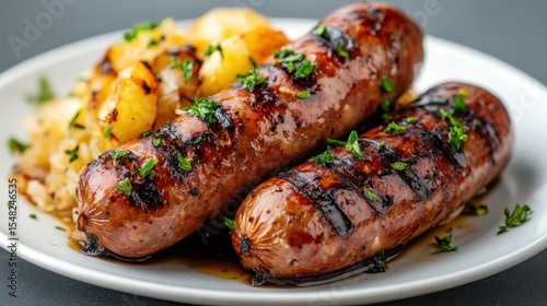 A tantalizing plate featuring perfectly grilled sausages paired with golden potatoes provides a mouthwatering appeal for food lovers and cooking enthusiasts.