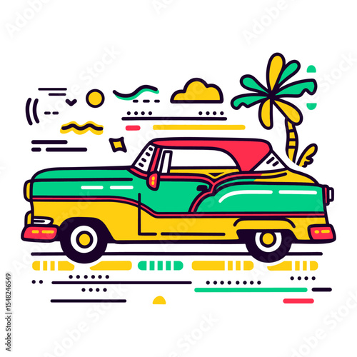 Vintage retro car driving with palm tree in background. Abstract. Summer auto travel concept. Illustration for journey and vacation.