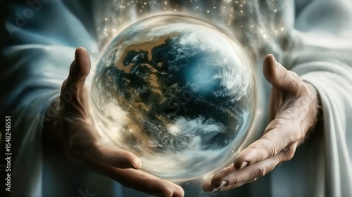Planet Earth in God's hands — symbolic representation of the biblical creation story and divine care.