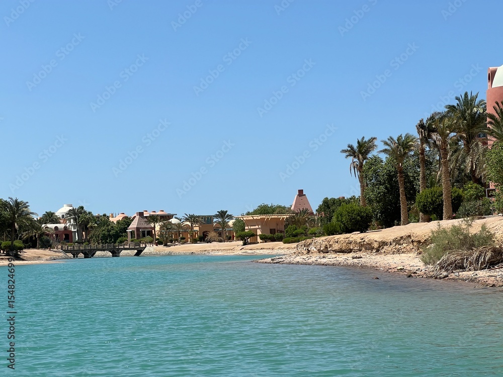 Naklejka premium Beautiful videos of channels, hotels, beaches, embankments, bridges of El Gouna, Hurghada, Red Sea, Egypt, North Africa
