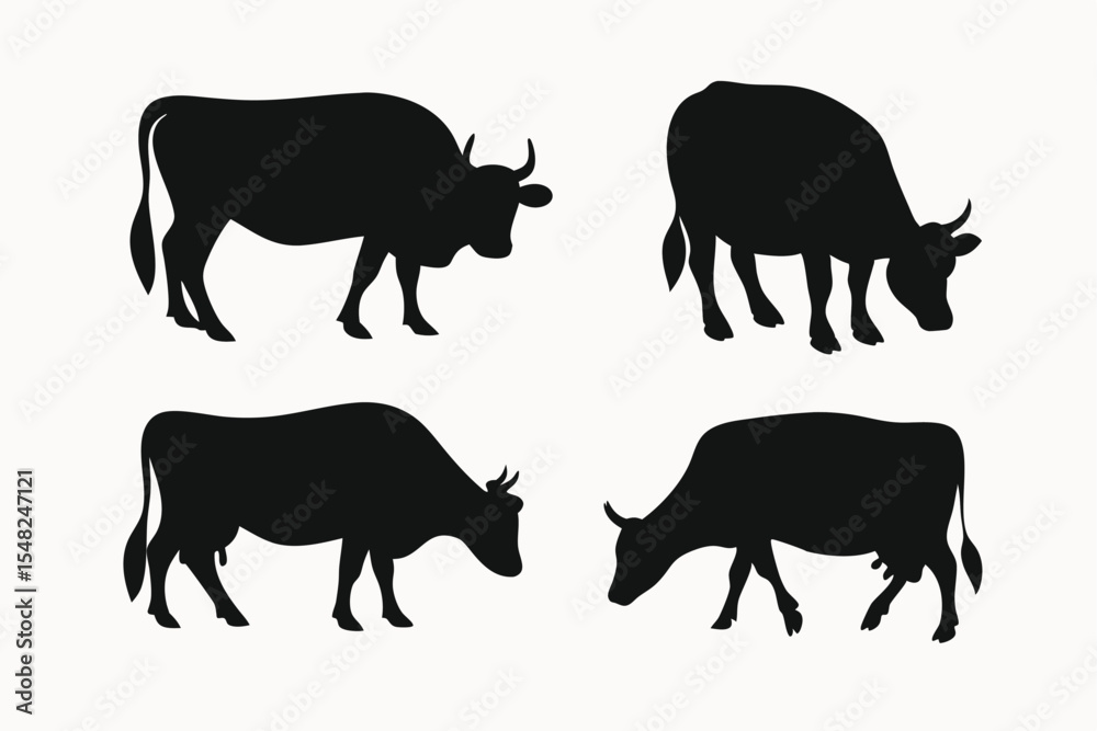 Fototapeta premium Silhouette Collection Four Cow Poses, Black and White Farm Animal Illustrations