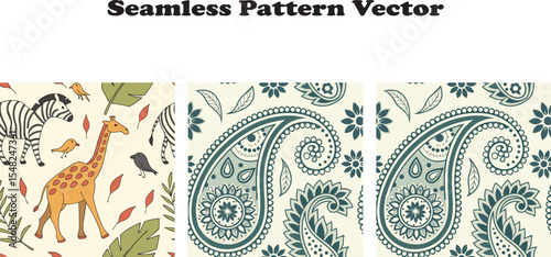 Photography Seamless pattern vector designs featuring giraffes zebras and paisley floral ele