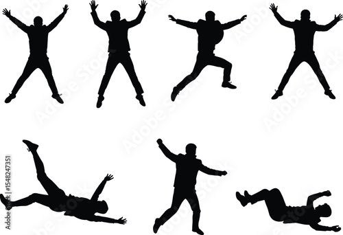 Jumping man silhouettes, dynamic action poses, black vector artwork, energetic movement illustration, athletic motion design, active lifestyle concept, diverse jumping figures, sports graphic elements