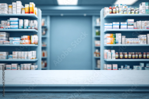 Front view of shelves with various medical supplies and medicine boxes in a pharmacy store, a panoramic banner with a copy space area for text advertising