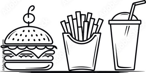 White outline drawing of a burger, fries, and a drink with a straw on a black background surface