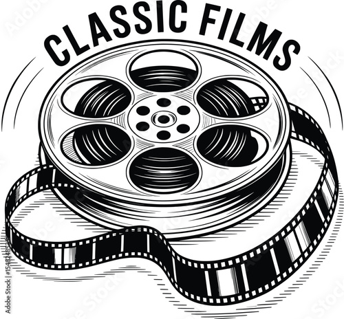 Classic Films Reel and Filmstrip Vintage Cinema Vector Illustration.