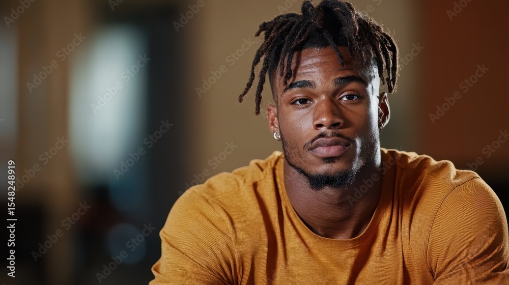 A striking portrait of a confident young man with dreadlocks, captured in soft lighting that enhances his strong features and deep gaze, conveying both strength and introspection. A striking portrait of a confident young man with dreadlocks, captured in soft lighting that enhances his strong features and deep gaze, conveying both strength and introspection.