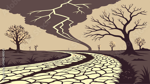 A lone tree stands resilient in a dry, cracked desert landscape under an arid sky, a symbol of nature's enduring will amidst drought-ridden earth