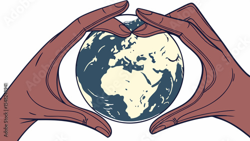 A human hand holds a green apple and a red heart, symbolizing global environmental care