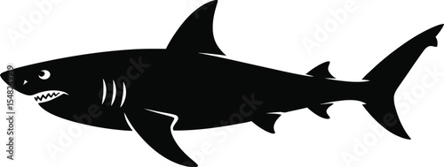 A black silhouette of a shark with visible teeth and fins on a white background in a vector style