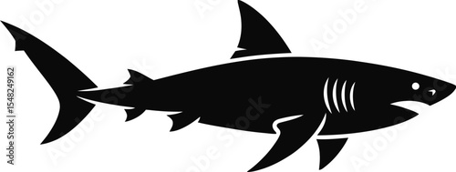 A black silhouette of a shark swimming to the right with a white background and visible gills and fins