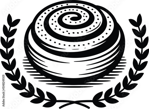A stylized cinnamon roll illustration with laurel wreath on a light background in black and white tone