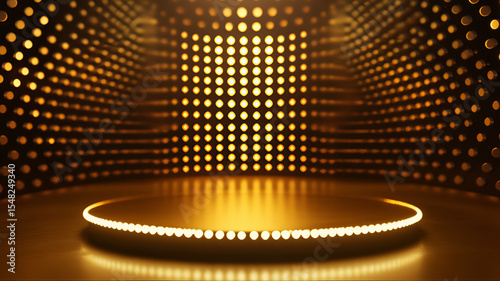 Golden stage with a circular light tunnel and a prominent podium, designed for presentations, awards ceremonies, or performances. Winner stage light golden background. Award show stage flyer banner. photo