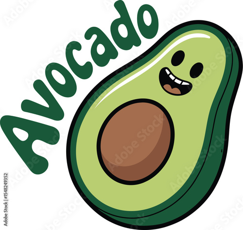 A cartoon avocado with a smiling face and a seed, next to the word avocado in a stylized green font