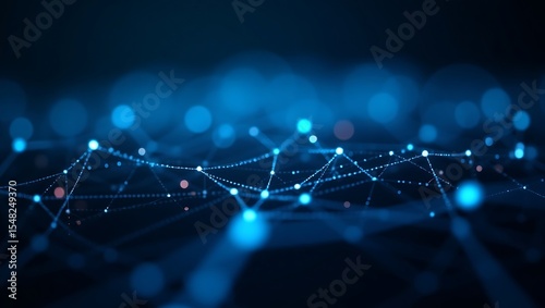 A futuristic digital neural network with glowing electric blue nodes and thin interconnected lines, forming a complex web structure. Generative Ai.