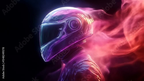 Futuristic helmeted figure surrounded by vibrant swirling neon lights in a cosmic backdrop