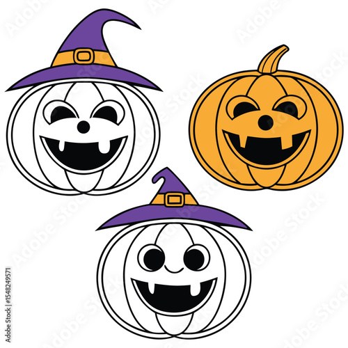 Three cartoon pumpkins display vibrant Halloween charm and two wear witch hats against transparency