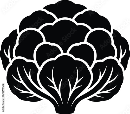 A black and white graphic illustration of a cauliflower head on a plain white background centered view