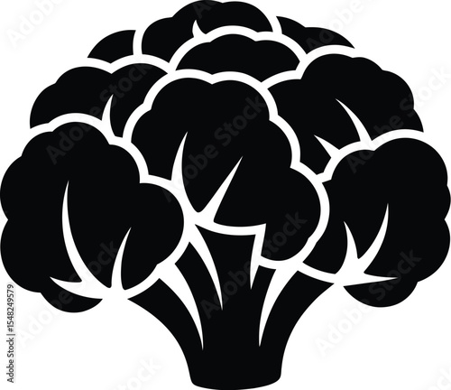Black and white graphic illustration of a broccoli floret on a plain white background in vector format