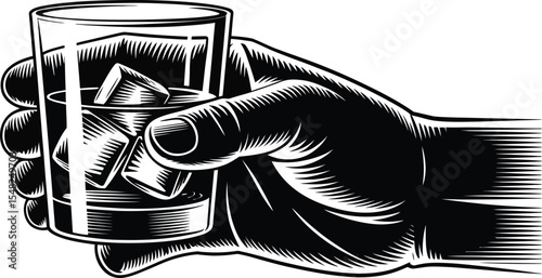 A hand holding a glass of whiskey with ice cubes in a black and white engraved illustration style