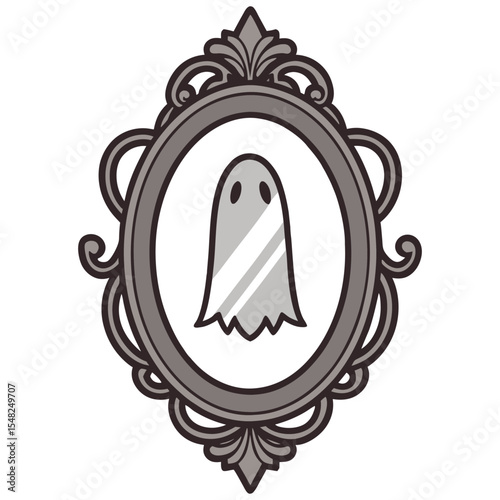 Cartoon ghost hovers within an ornate vintage mirror against a transparent background