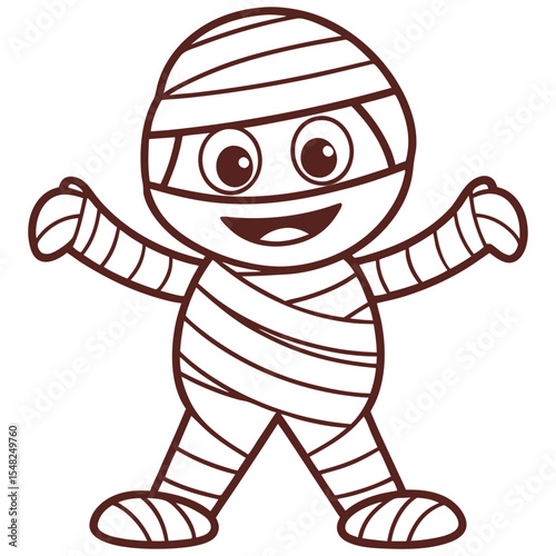 Cartoon mummy with big eyes smiles broadly, wearing bandages on white background