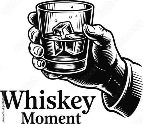 A hand holding a glass of whiskey with ice cubes in a black and white illustration style image scene