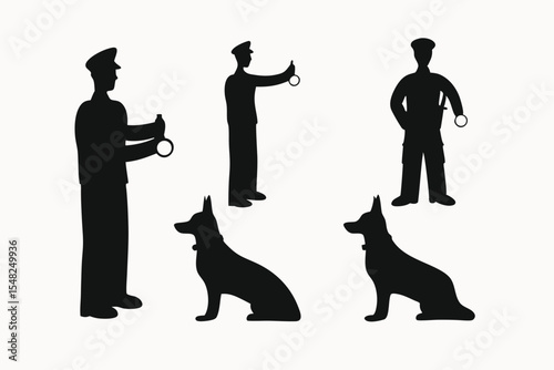 Police Officer and German Shepherd Dog Silhouettes Vector Illustration Set