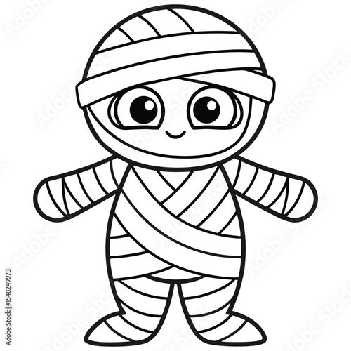 Adorable mummy wrapped in bandages showcases big eyes with a smile, transparent background
