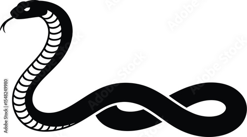 A black and white illustration of a snake with its tongue out on a plain white background design art